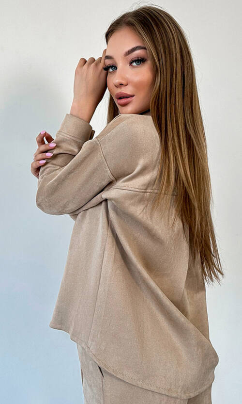 Брючний замшевий  костюм кнопки 23080 Бежевий