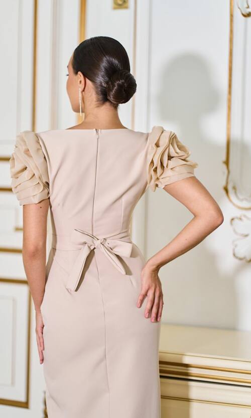 Коктейльна Сукня Квіткові Рукави Бант 25067 Бежева