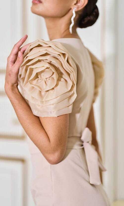 Коктейльна Сукня Квіткові Рукави Бант 25067 Бежева