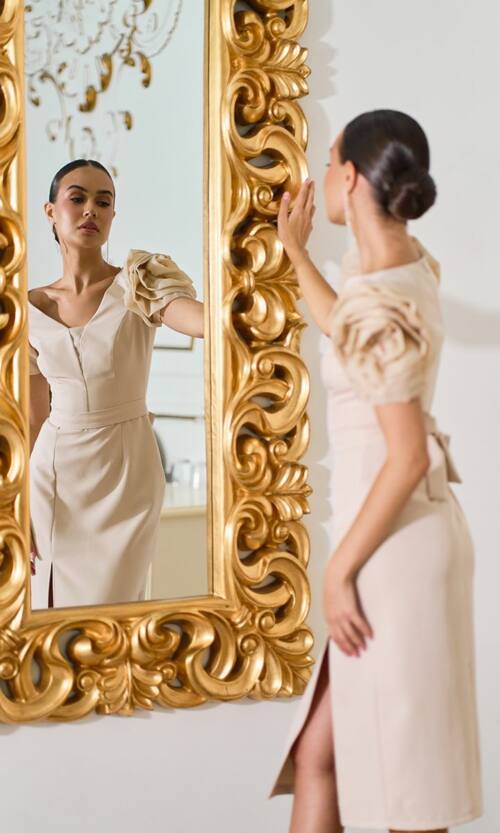 Коктейльна Сукня Квіткові Рукави Бант 25067 Бежева