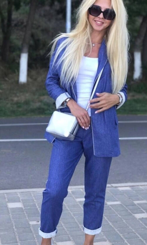 Брючний костюм штучний льон 8500 Електрик