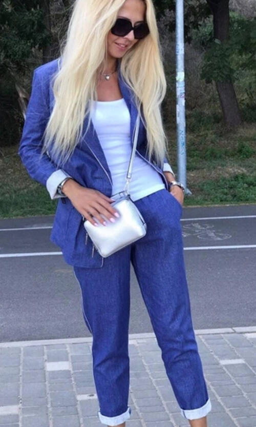 Брючний костюм штучний льон 8500 Електрик