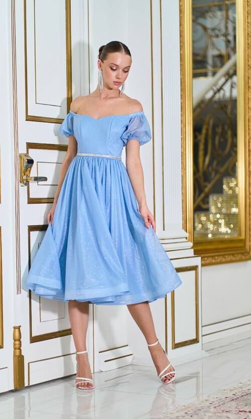 Коктейльна Сукня Шифон Пояс Стрази 25061 Синя