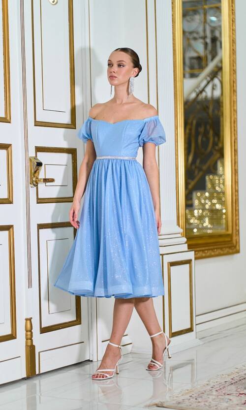 Коктейльное Платье Шифон Пояс Стразы 25061 Синее