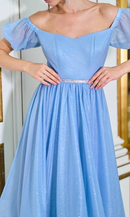 Коктейльное Платье Шифон Пояс Стразы 25061 Синее