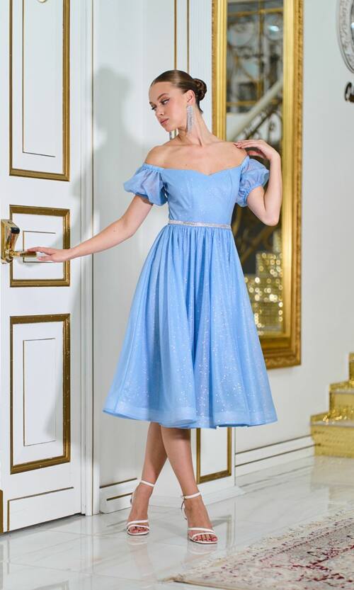Коктейльное Платье Шифон Пояс Стразы 25061 Синее