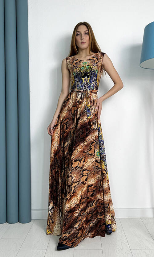 Вечерня Сукня Кристал Принт 7062 Коричнева