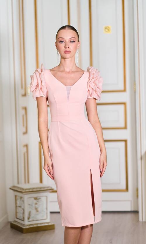 Коктейльна Сукня Квіткові Рукави Бант 25067 Персикова