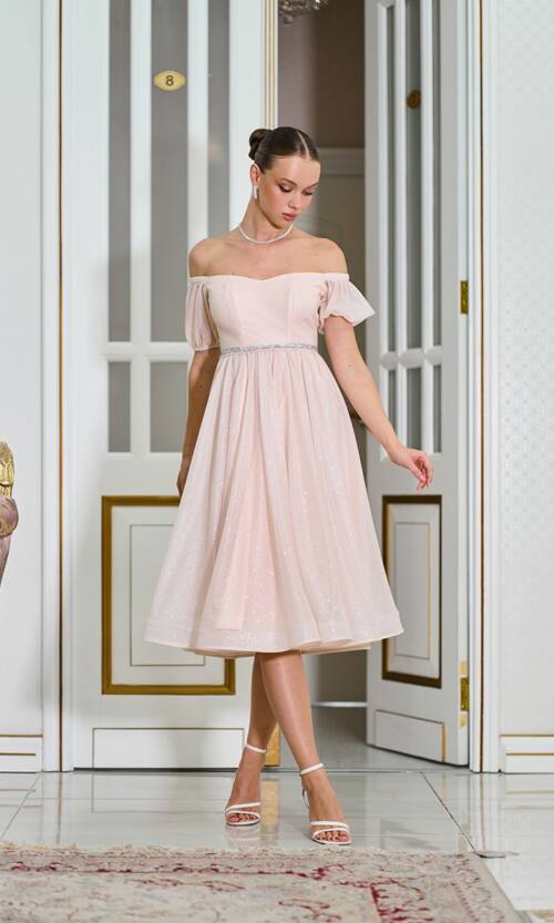 Коктейльна Сукня Шифон Пояс Стрази 25061 Персикова