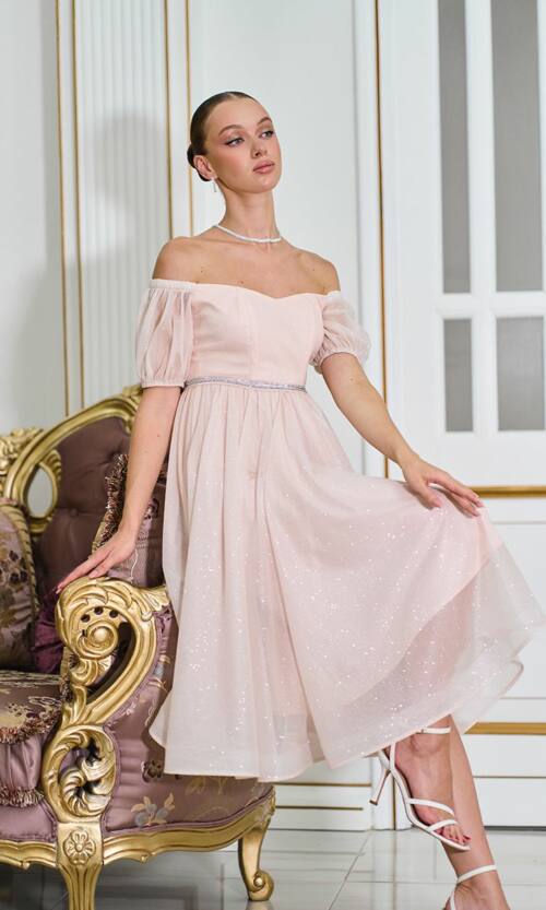 Коктейльна Сукня Шифон Пояс Стрази 25061 Персикова