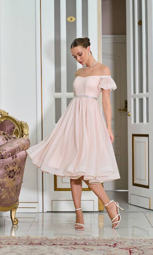 Коктейльна Сукня Шифон Пояс Стрази 25061 Персикова