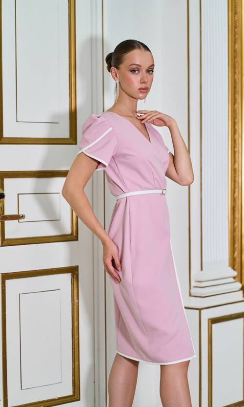 Коктейльное Платье Футляр Контрастный Кант 25065 Фрезовое