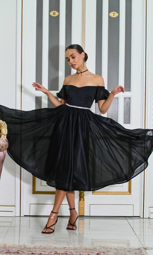 Коктейльна Сукня Шифон Пояс Стрази 25061 Чорна