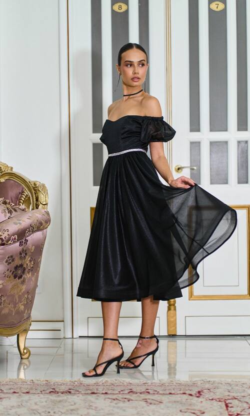 Коктейльна Сукня Шифон Пояс Стрази 25061 Чорна