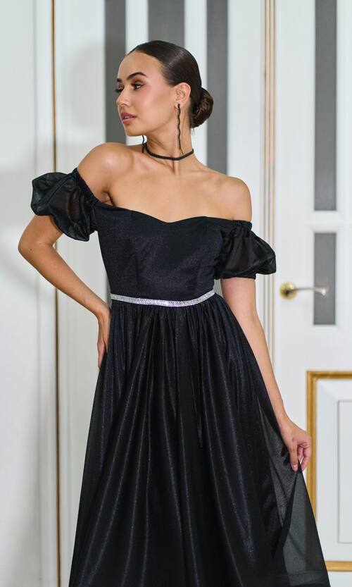 Коктейльна Сукня Шифон Пояс Стрази 25061 Чорна