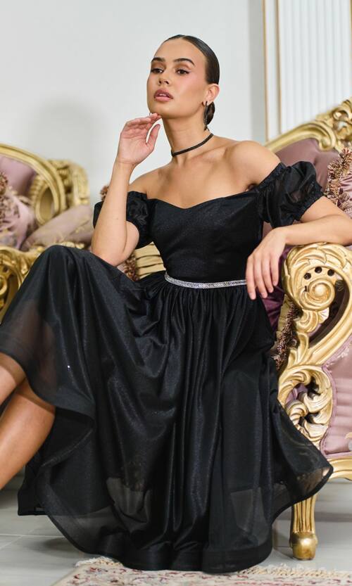 Коктейльна Сукня Шифон Пояс Стрази 25061 Чорна