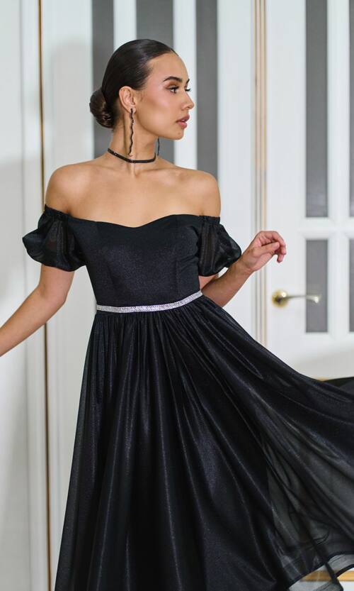 Коктейльна Сукня Шифон Пояс Стрази 25061 Чорна