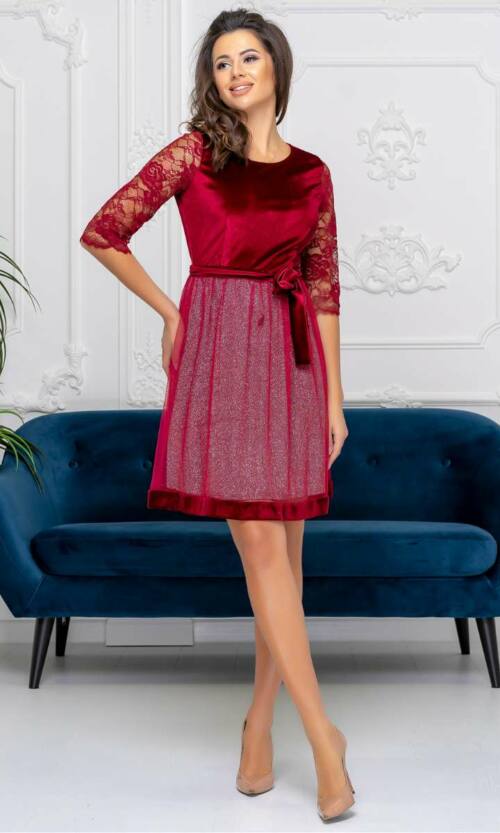 Коктейльна сукня оксамит гіпюр 9192 Бордова