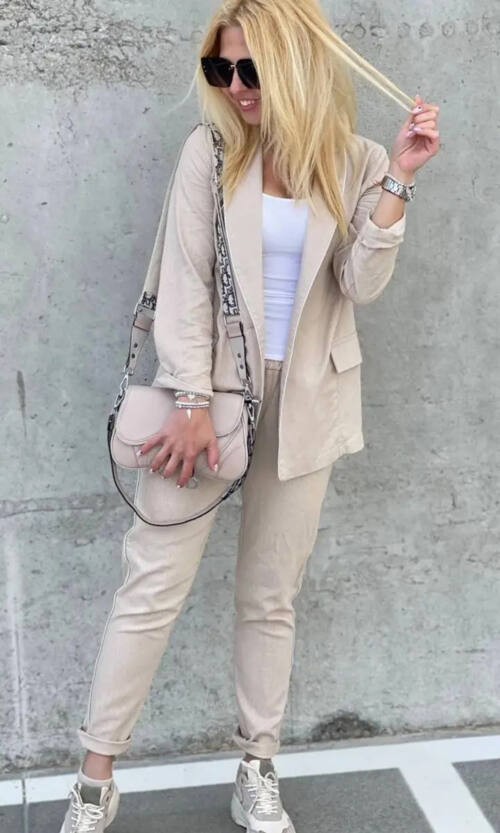 Брючний костюм штучний льон 8500 Бежевий