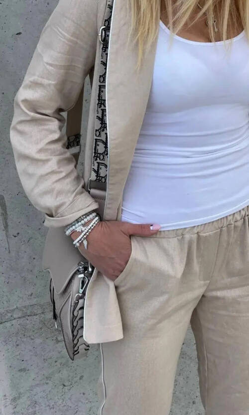 Брючний костюм штучний льон 8500 Бежевий