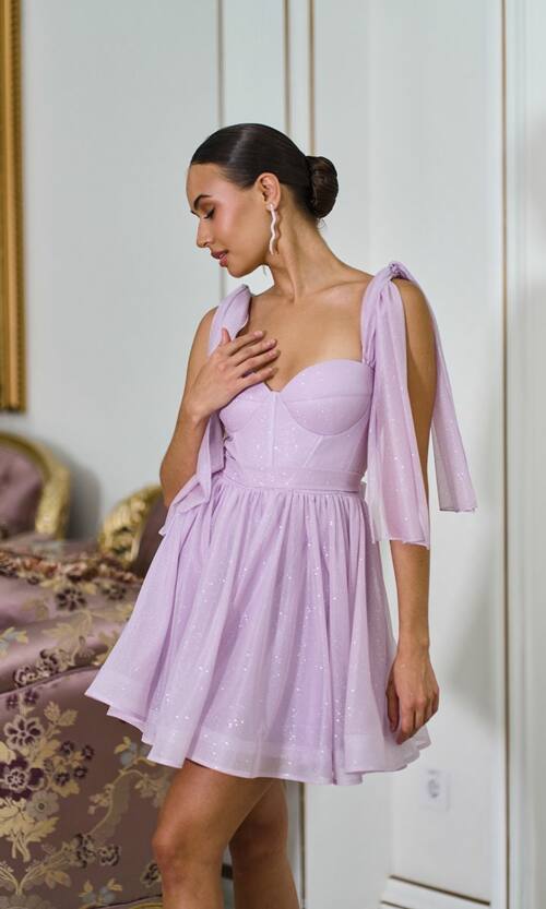 Коктейльное Платье Лиф Корсет Мини 25036 Лавандовое
