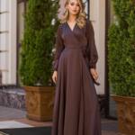 Вечірня сукня атлас на запах 25087 Коричнева