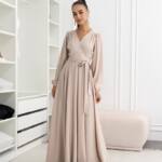 Вечірня сукня атлас на запах 25087 Бежева