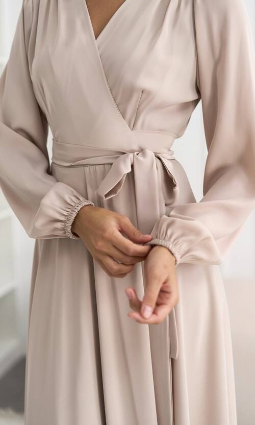 Вечернее платье атлас на запах 25087 Бежевое