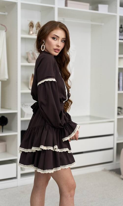Коктейльное платье беби долл с кружевом 25078 Коричневое