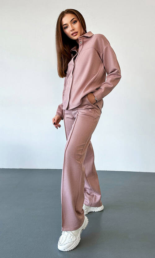 Брючний замшевий  костюм кнопки 23080 Рожевий