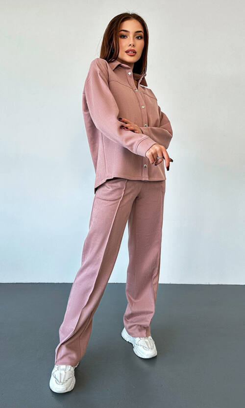 Брючний замшевий  костюм кнопки 23080 Рожевий