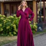 Вечірня сукня атлас на запах 25070 Бордова