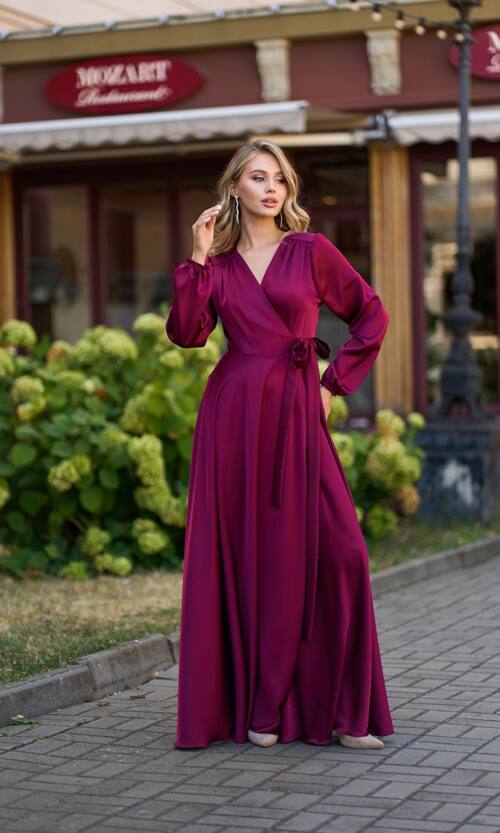 Вечірня сукня атлас на запах 25070 Бордова