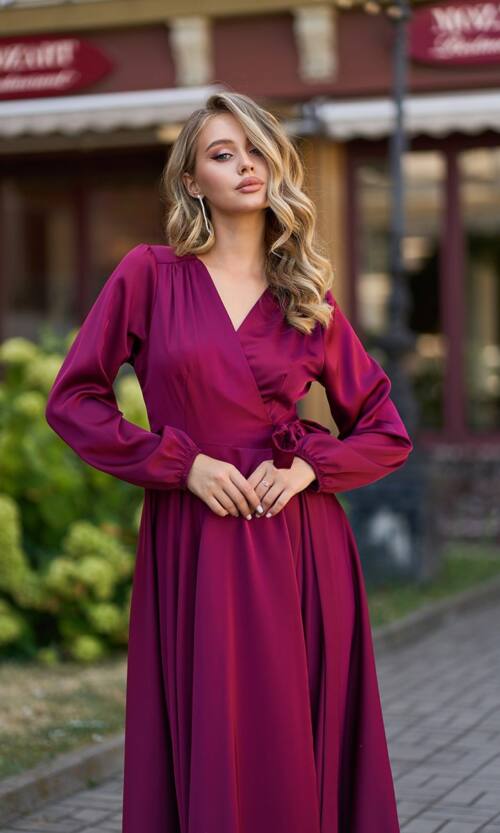 Вечірня сукня атлас на запах 25070 Бордова