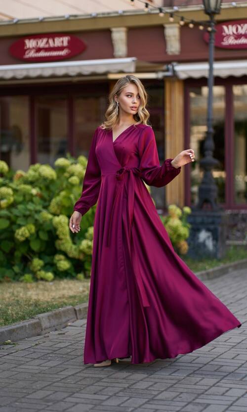 Вечірня сукня атлас на запах 25070 Бордова