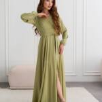 Вечірня сукня атлас на запах 25087 Оливкова