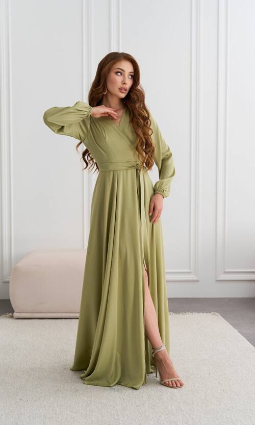 Вечірня сукня атлас на запах 25087 Оливкова