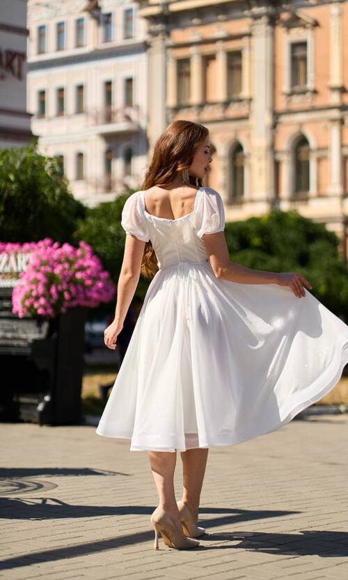 Коктейльна Сукня Шифон Пояс Стрази 25061 Молочна