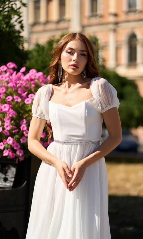 Коктейльна Сукня Шифон Пояс Стрази 25061 Молочна