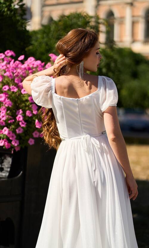 Коктейльна Сукня Шифон Пояс Стрази 25061 Молочна