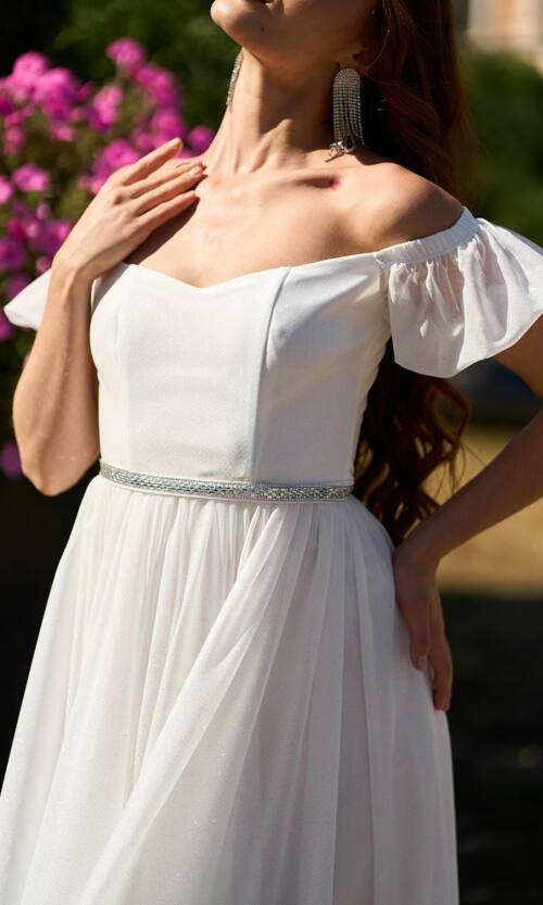 Коктейльна Сукня Шифон Пояс Стрази 25061 Молочна