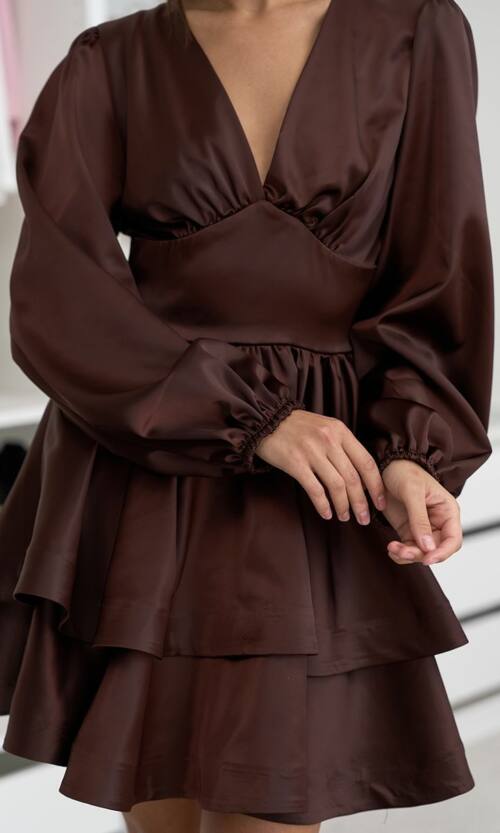 Коктейльное платье атлас люкс длинный рукав 25083 Шоколадное