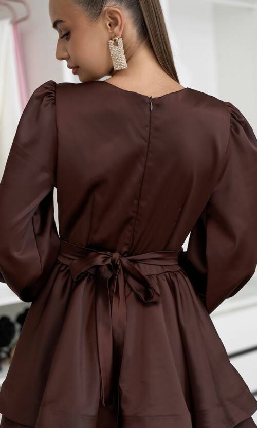 Коктейльное платье атлас люкс длинный рукав 25083 Шоколадное