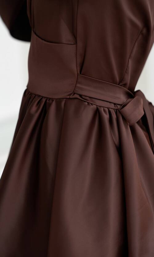 Коктейльное платье атлас люкс длинный рукав 25083 Шоколадное