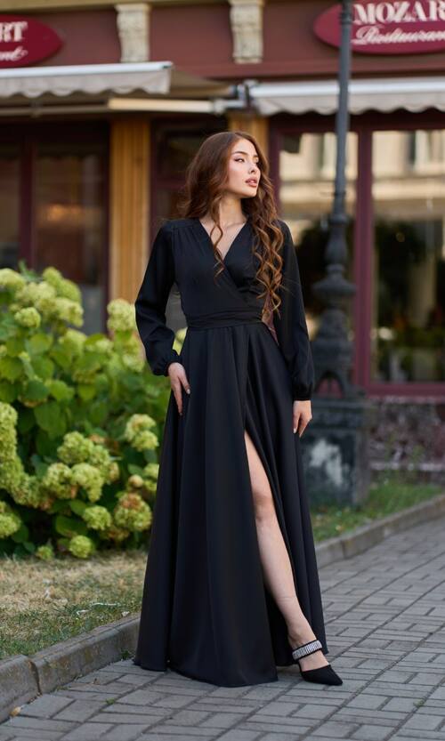 Вечірня сукня атлас на запах 25070 Чорна