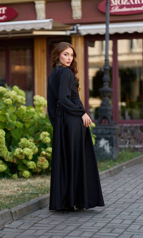 Вечірня сукня атлас на запах 25070 Чорна