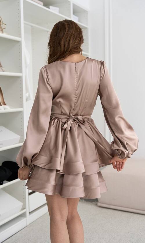 Коктейльное платье атлас люкс длинный рукав 25083 Бежевое