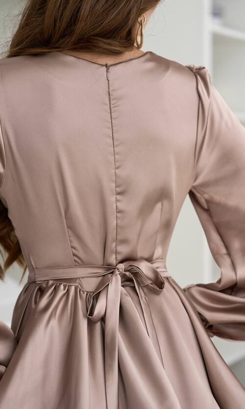 Коктейльное платье атлас люкс длинный рукав 25083 Бежевое