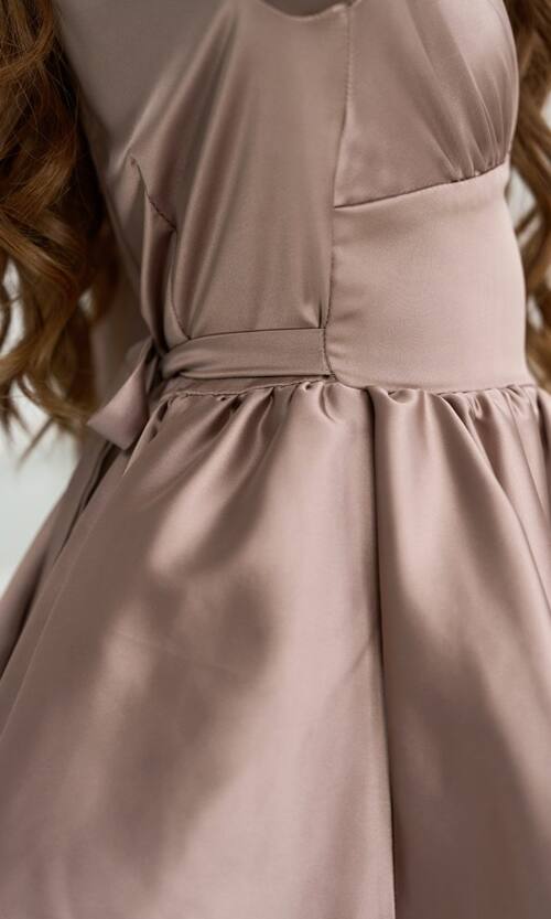 Коктейльное платье атлас люкс длинный рукав 25083 Бежевое