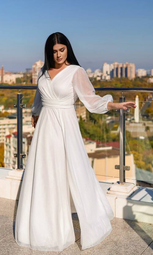 Вечірня сукня шифон блиск максі 25081 Молочна